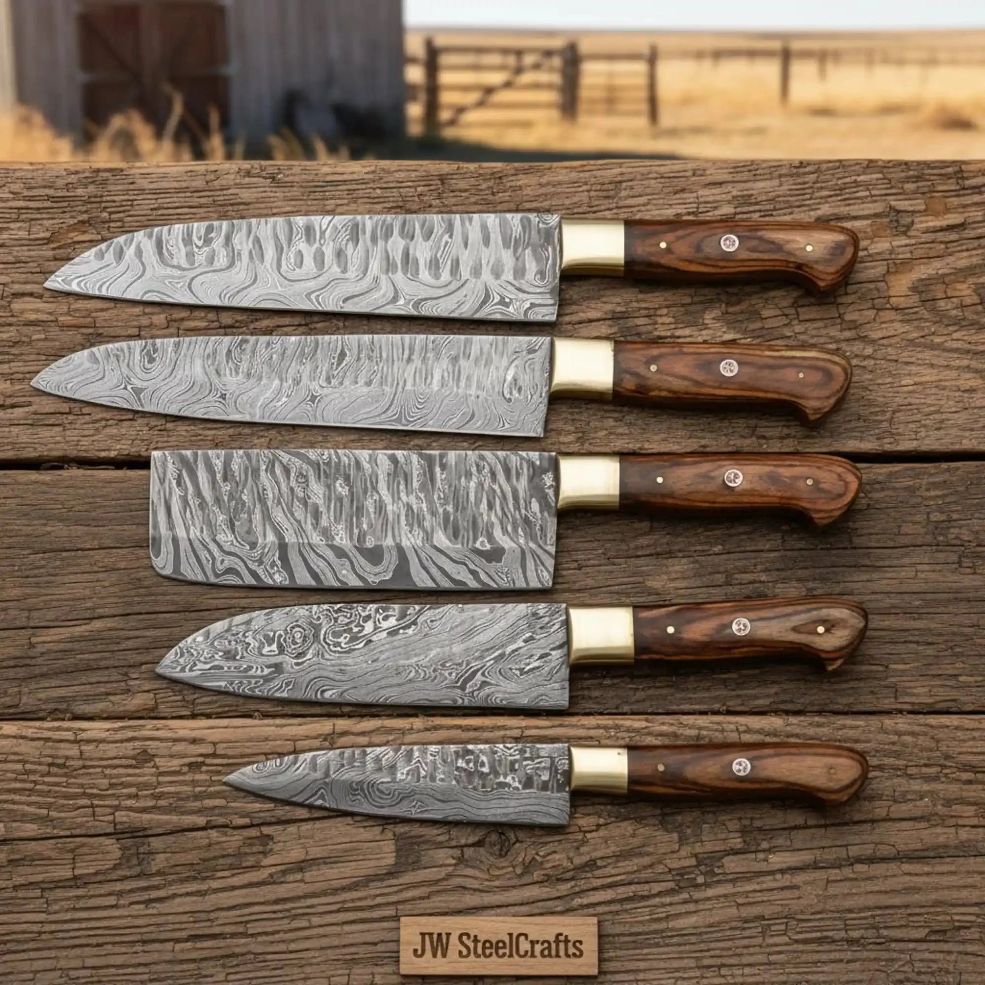 JW SteelCrafts Damascus Cleaver, Nakiri & Chef Knife Set – Pakka Wood, Brass Bolster