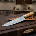 JW SteelCrafts Fire Damascus Chef Knife with Olive Wood & Brass Handle (Full Tang)