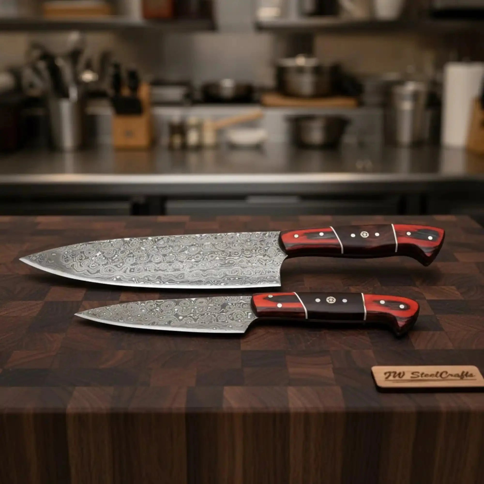 JW SteelCrafts Full Tang Damascus Gyuto and Petty Knife Set with Mosaic Pins and Pakka-Rosewood Handles