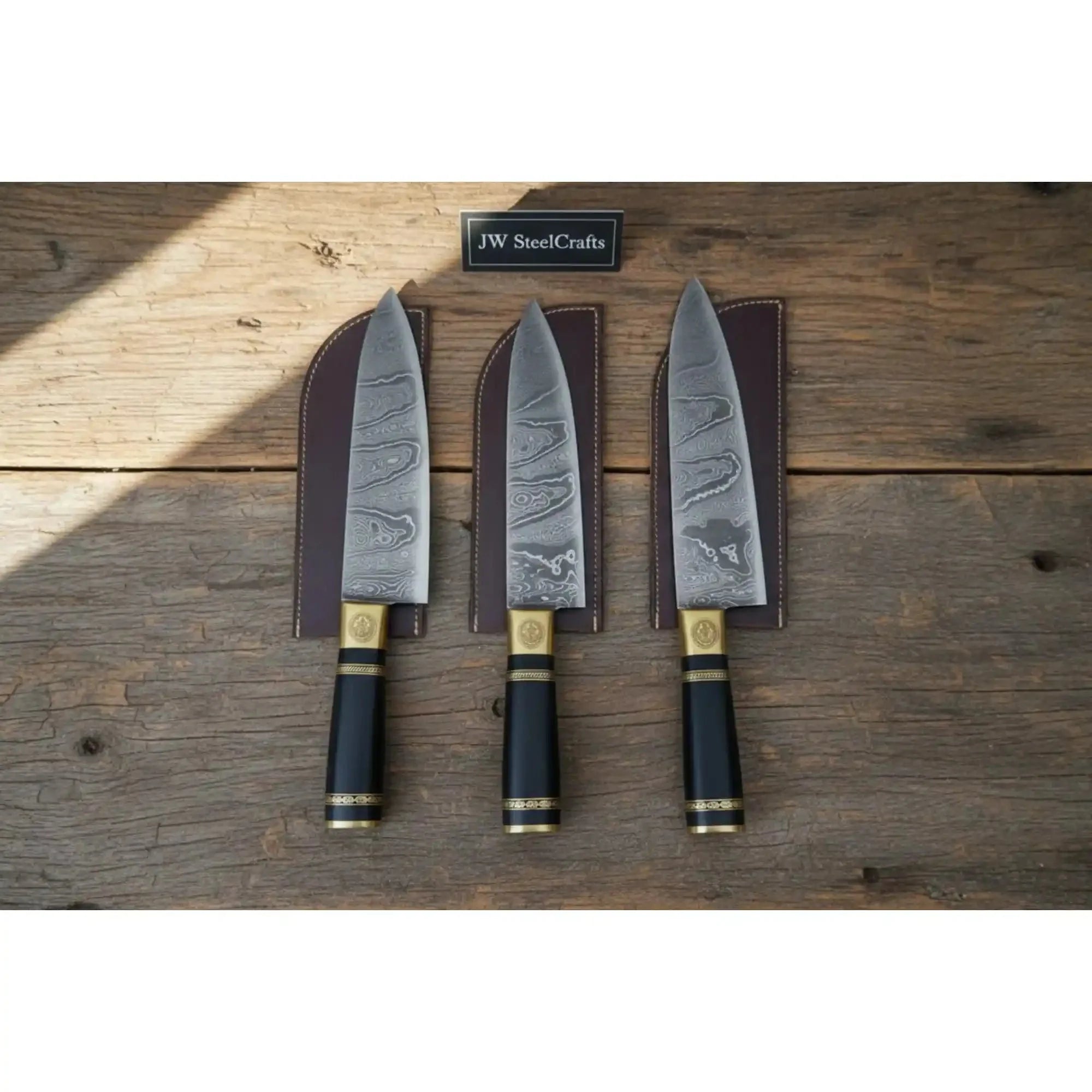 JW SteelCrafts Handcrafted Damascus Chef Knife Set (3-Piece) – Professional Kitchen Knives with Luxury Brass Bolster & Leather Sheaths
