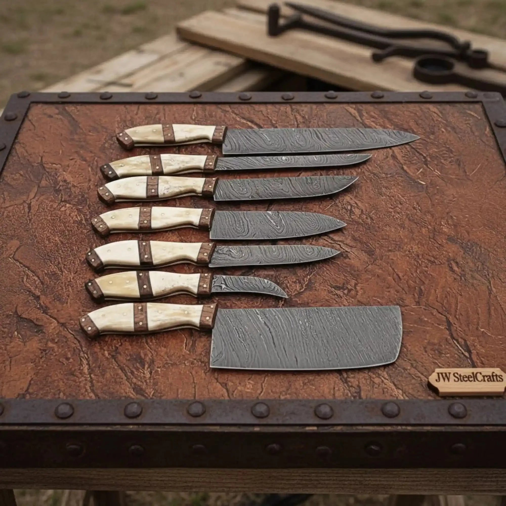 JW SteelCrafts Handmade Damascus Kitchen Knife Set 7 Piece Chef Santoku Cleaver Bread Fillet Boning and Paring Knives with Bone Handle and Leather Roll Professional Cooking Set