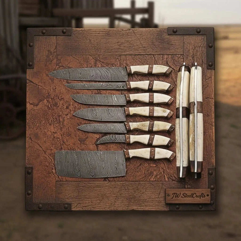 JW SteelCrafts Handmade Damascus Kitchen Knife Set 7 Piece Chef Santoku Cleaver Bread Fillet Boning and Paring Knives with Bone Handle and Leather Roll Professional Cooking Set