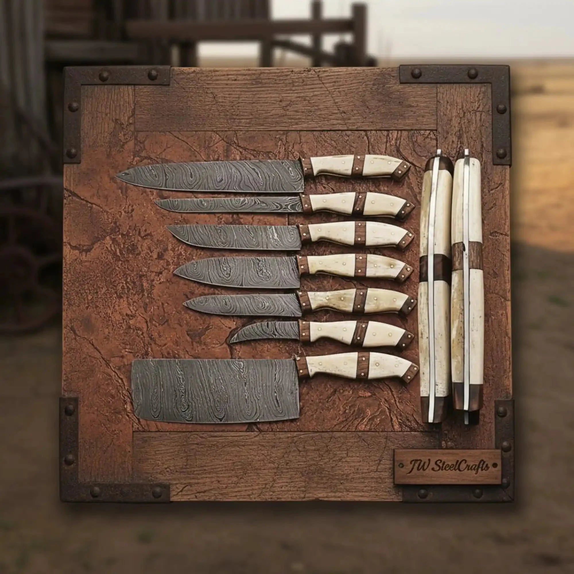 JW SteelCrafts Handmade Damascus Kitchen Knife Set 7 Piece Chef Santoku Cleaver Bread Fillet Boning and Paring Knives with Bone Handle and Leather Roll Professional Cooking Set