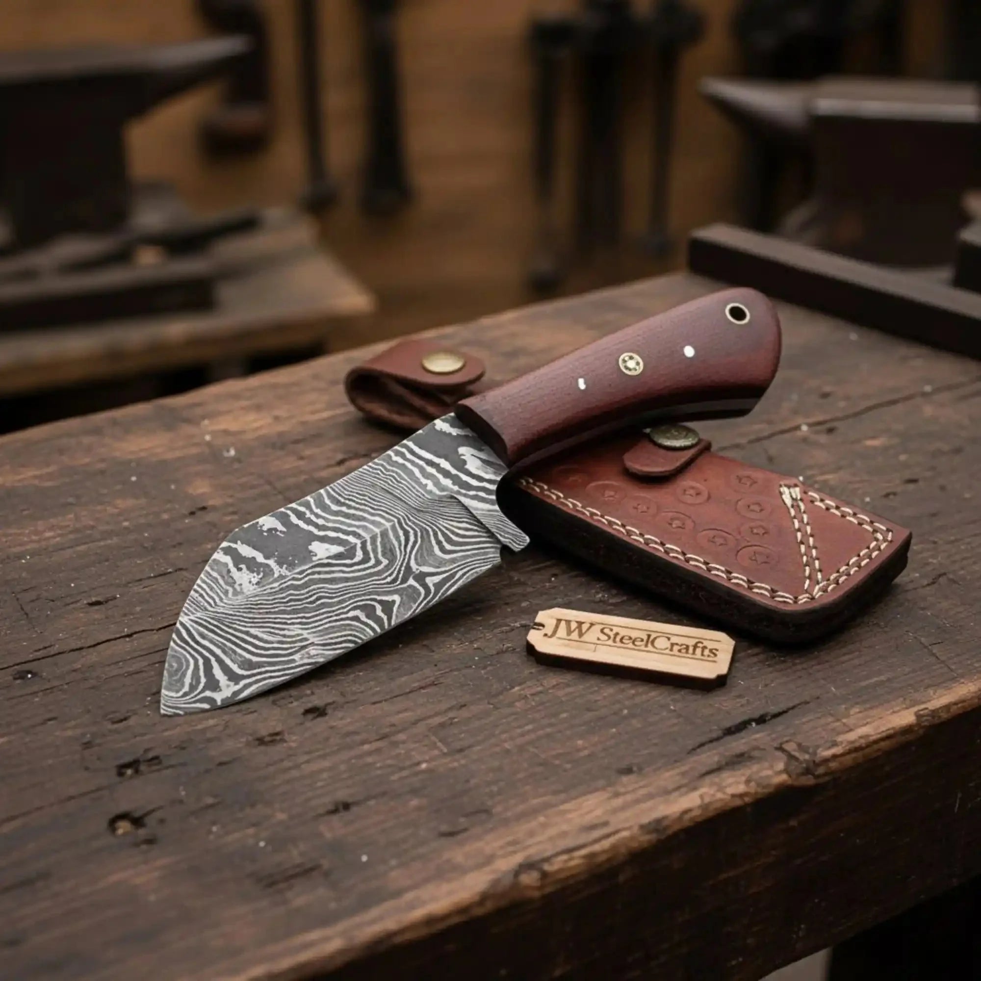 JW SteelCrafts Handmade Damascus Skinner Knife with Reddish Micarta Handle and Leather Sheath, 7 Inch Compact Hunting Knife