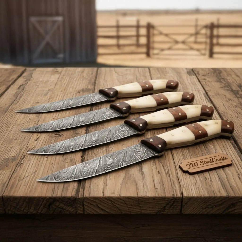 JW SteelCrafts Handmade Damascus Steak Knife Set of 5, Bone and Rosewood Handle, Full Tang Meat Cutting Knives, Premium Dining Knife Set