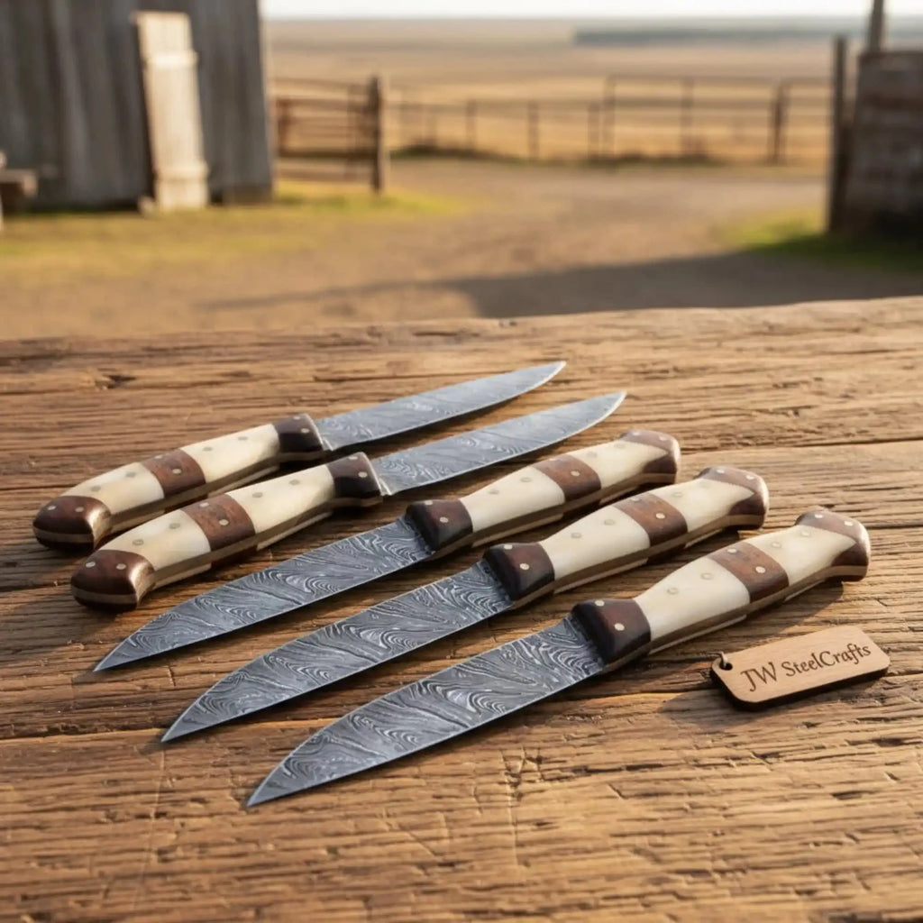 JW SteelCrafts Handmade Damascus Steak Knife Set of 5, Bone and Rosewood Handle, Full Tang Meat Cutting Knives, Premium Dining Knife Set