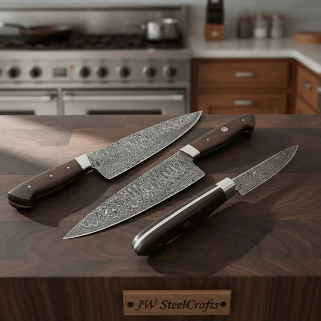 JW SteelCrafts Ladder Damascus 8-inch Gyuto Chef Knife, Steel Bolster, Micarta Full Tang