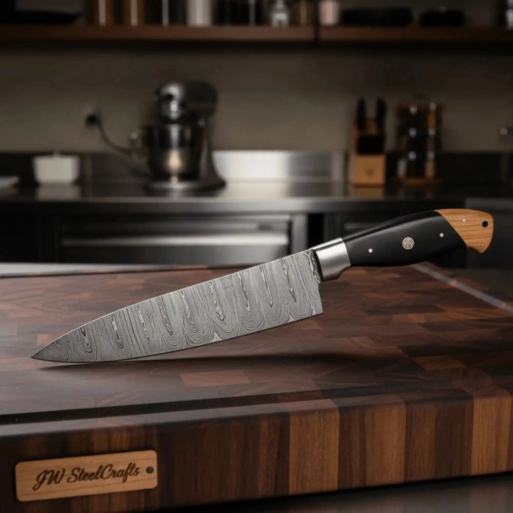 JW SteelCrafts Twisted Damascus 12” Cleaver & 13” Chef Knife – Black Micarta and Olive Wood