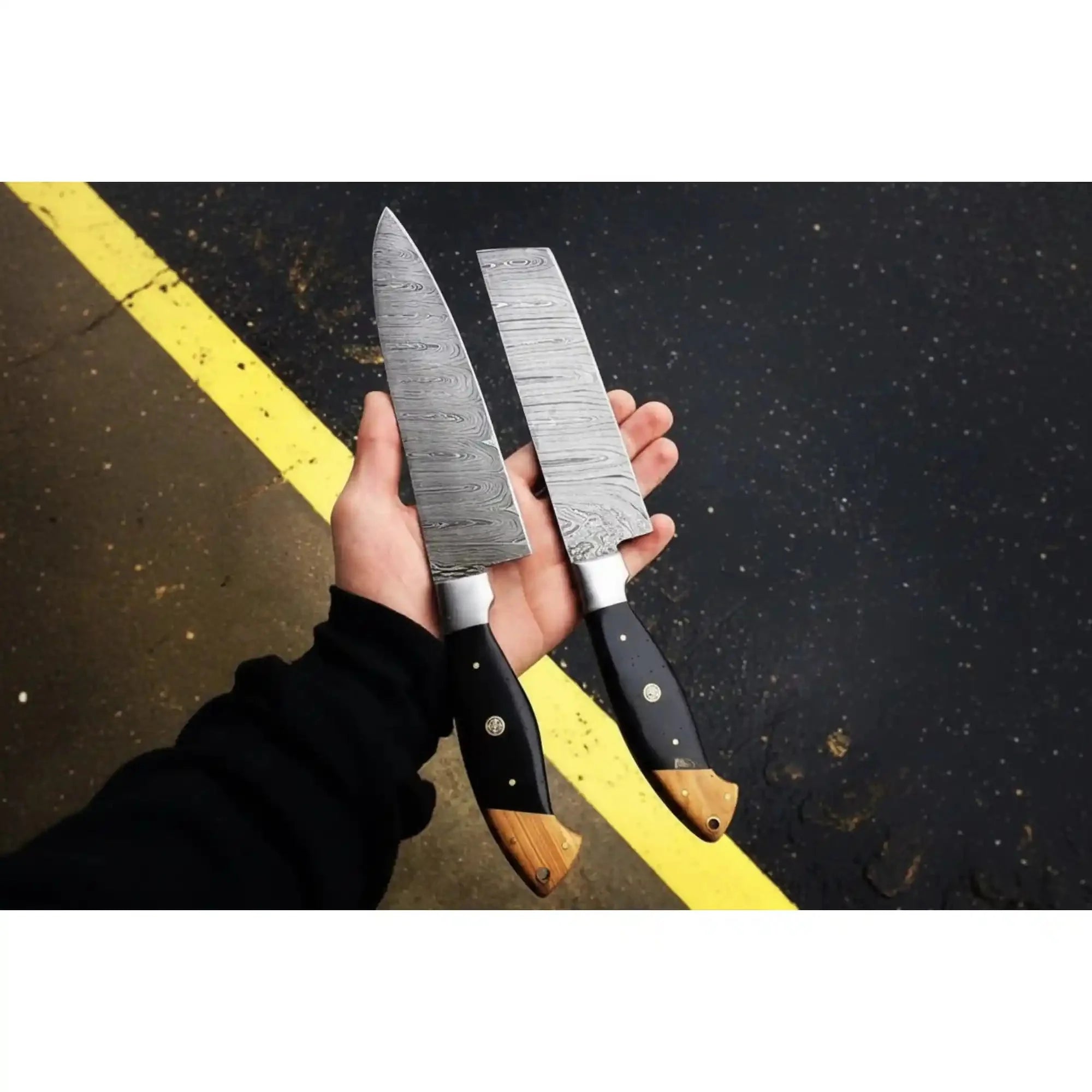 JW SteelCrafts Twisted Damascus 12” Cleaver & 13” Chef Knife – Black Micarta and Olive Wood