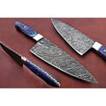 Kiritsuke-Style Damascus Chef Knife with Blue Wood Handle and Steel Bolster