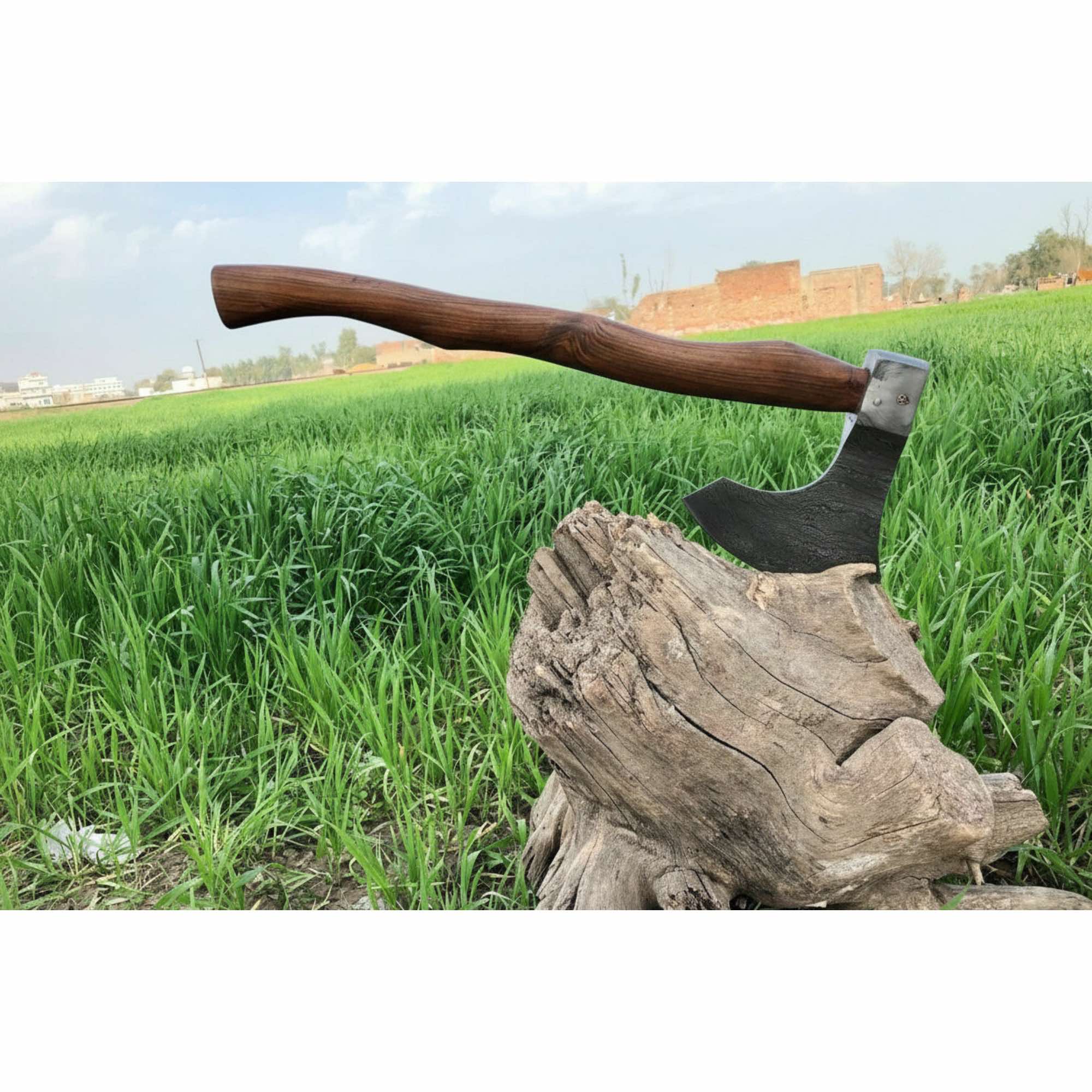 Matching Pair of Hand-Forged Damascus Bearded Axes with Curved Rosewood Handles