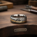 Mens Damascus Steel Wedding Band Raindrop Pattern with Brass Inlay