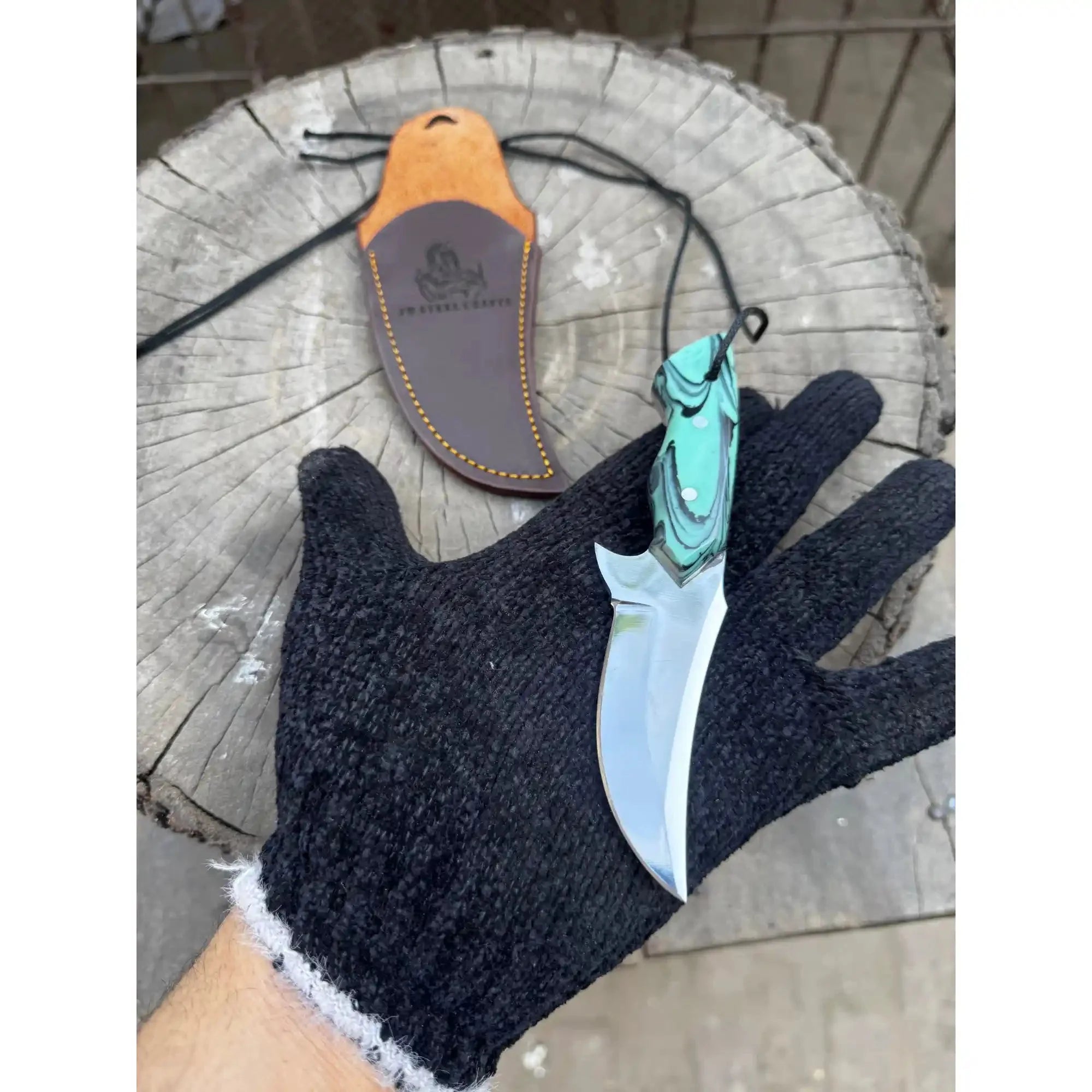 Neck Knife with Leather Sheath – Mini Damascus Pattern Blade | Green Resin Handle | JW SteelCrafts