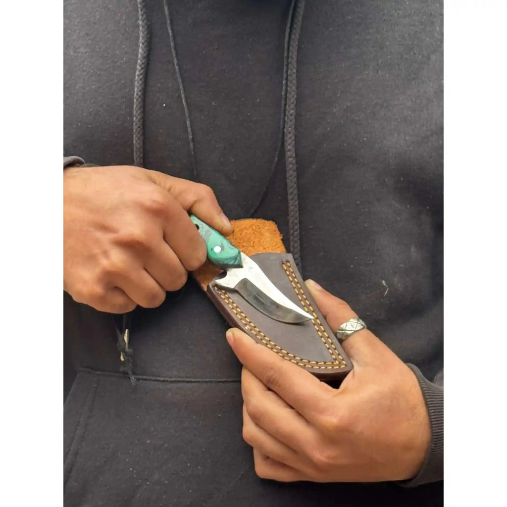 Neck Knife with Leather Sheath – Mini Damascus Pattern Blade | Green Resin Handle | JW SteelCrafts