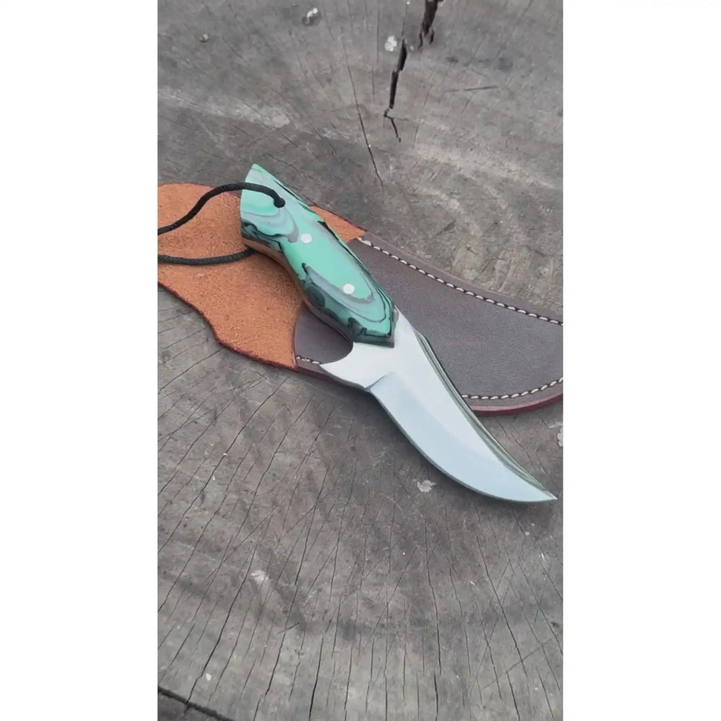 Neck Knife with Leather Sheath – Mini Damascus Pattern Blade | Green Resin Handle | JW SteelCrafts