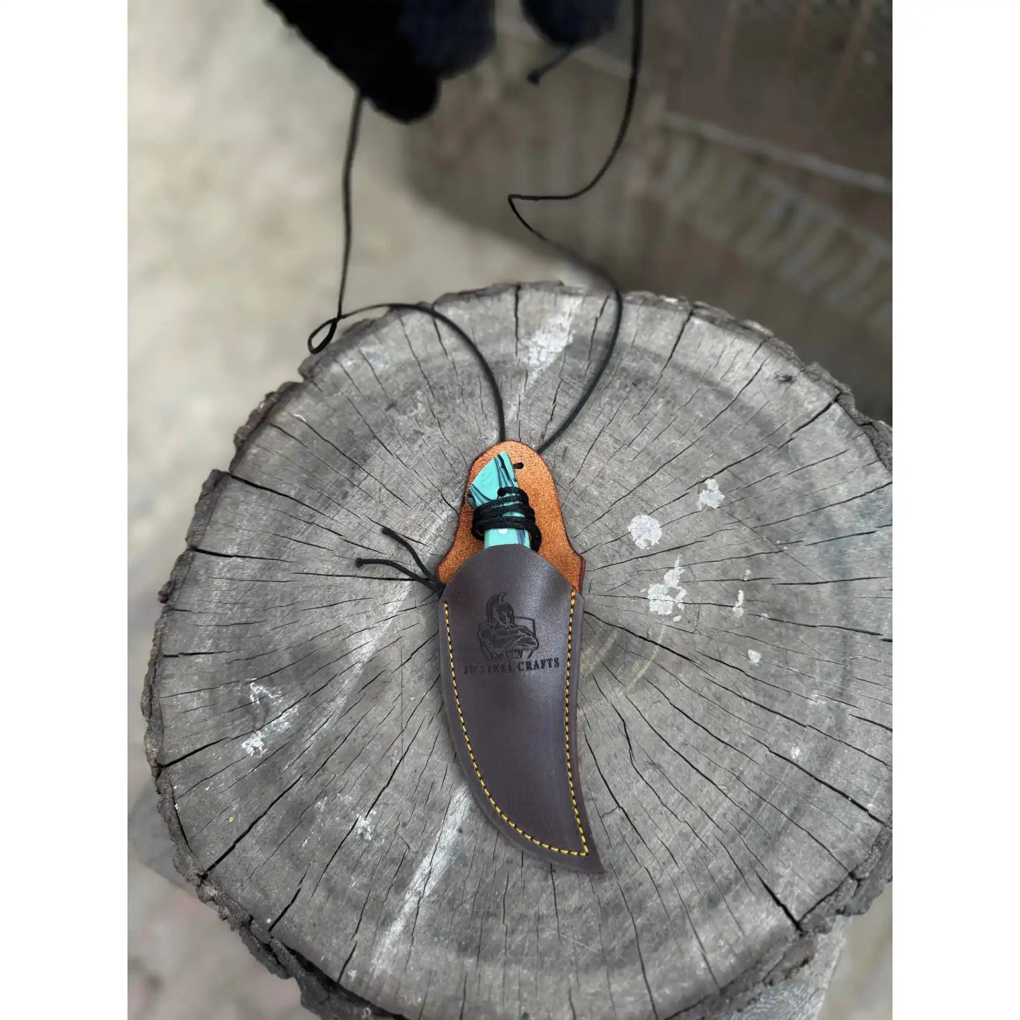 Neck Knife with Leather Sheath – Mini Damascus Pattern Blade | Green Resin Handle | JW SteelCrafts