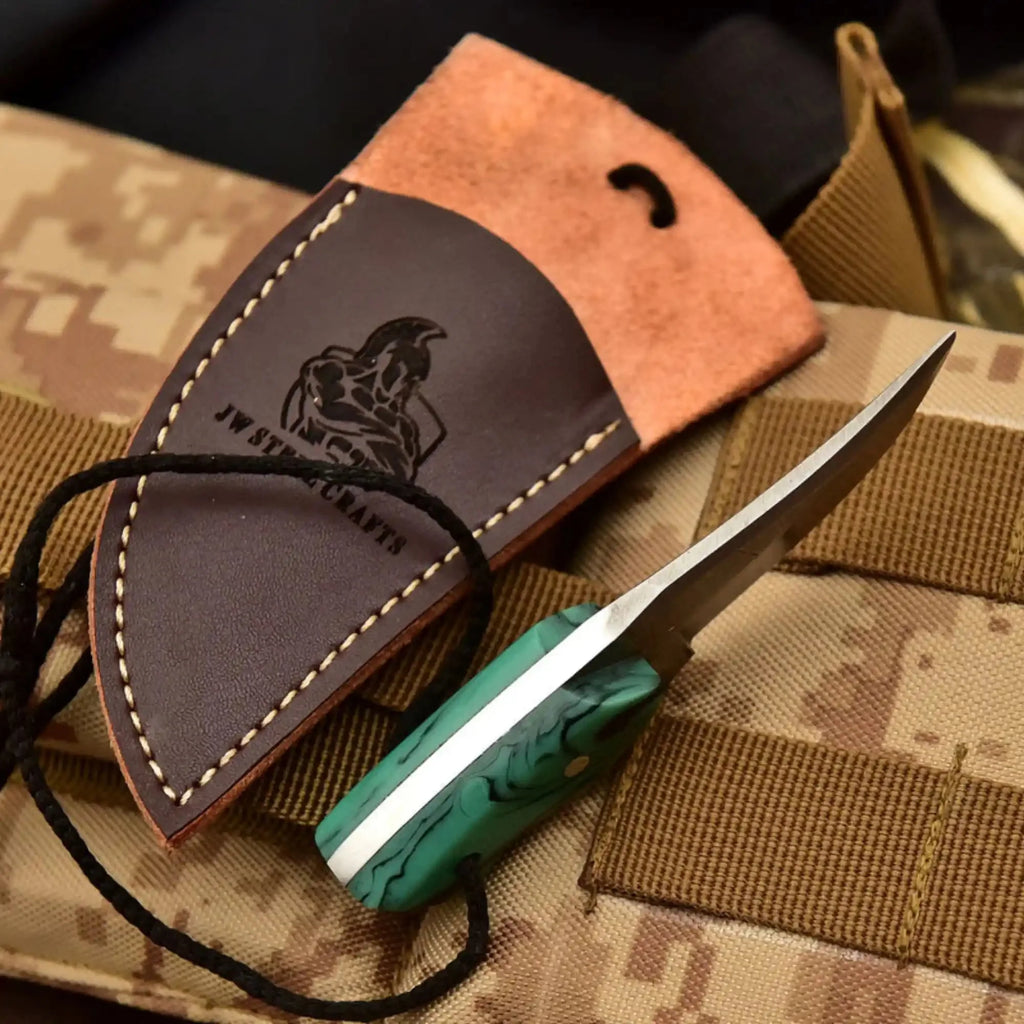 Neck Knife with Leather Sheath – Mini Damascus Pattern Blade | Green Resin Handle | JW SteelCrafts