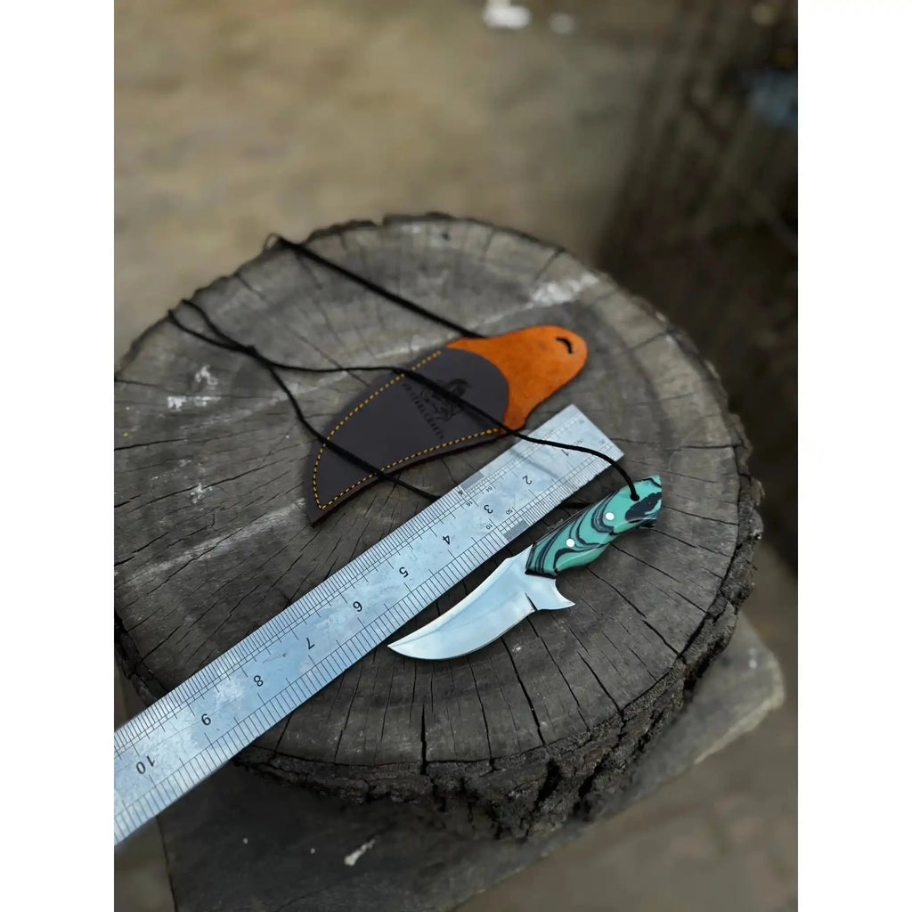 Neck Knife with Leather Sheath – Mini Damascus Pattern Blade | Green Resin Handle | JW SteelCrafts
