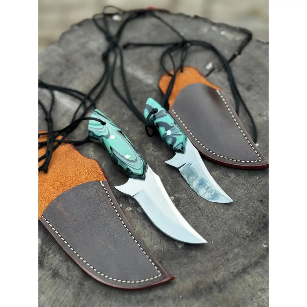 Neck Knife with Leather Sheath – Mini Damascus Pattern Blade | Green Resin Handle | JW SteelCrafts