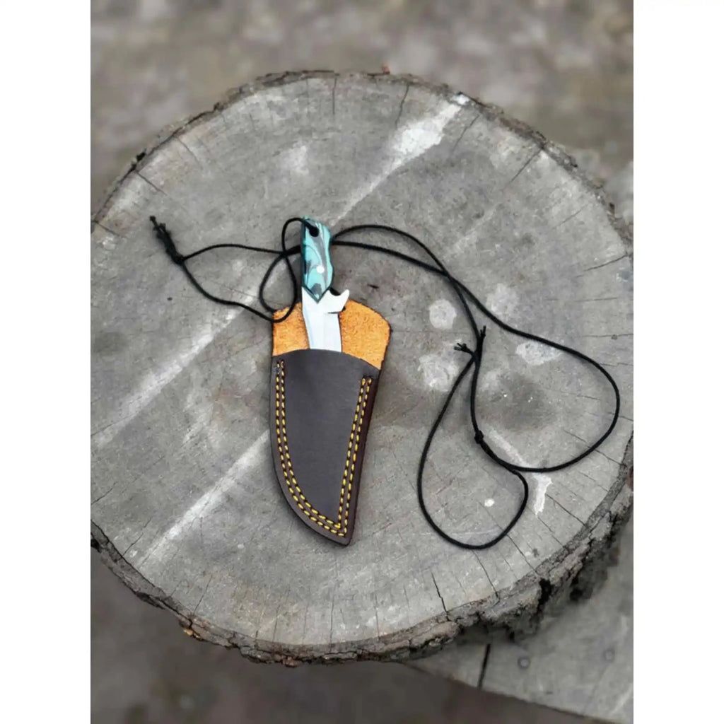Neck Knife with Leather Sheath – Mini Damascus Pattern Blade | Green Resin Handle | JW SteelCrafts