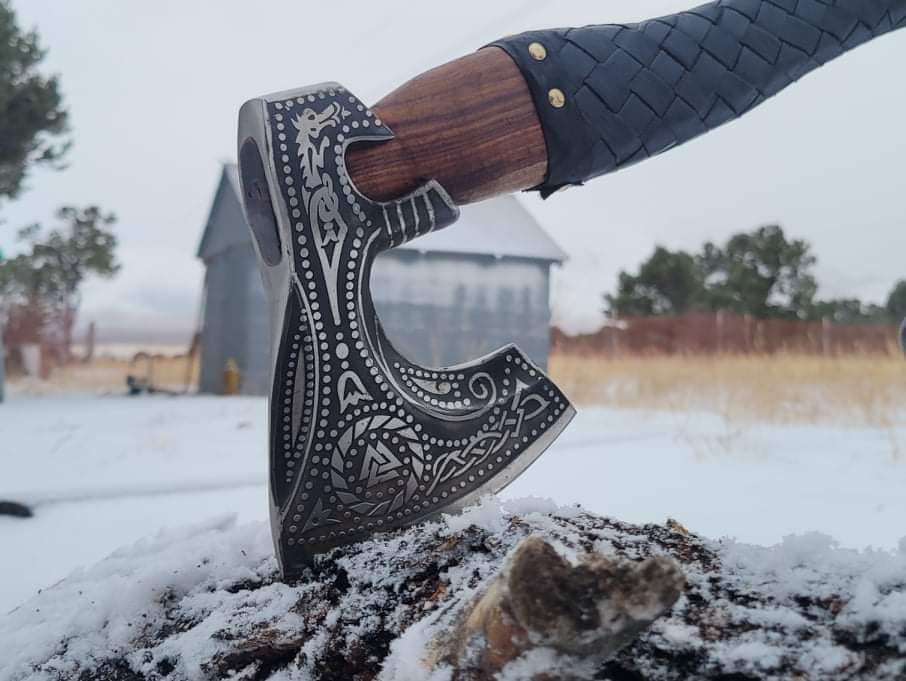 Norse Engraved Camp Hatchet with Leather Wrapped Handle and Belt Sheath | JW SteelCrafts