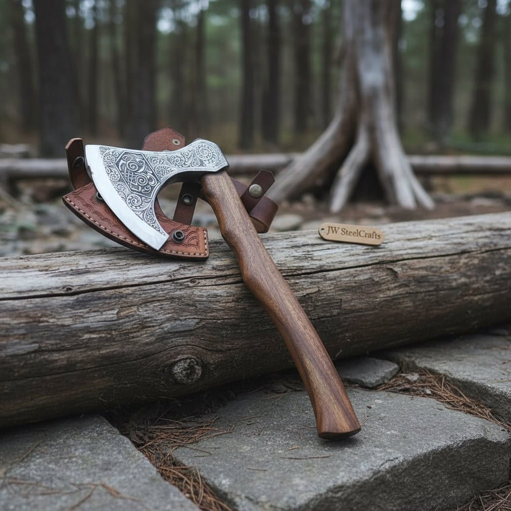 Norse Pattern Acid Etched Bushcraft Belt Viking Bearded Axe with Leather Carry Sheath