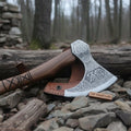 Norse Pattern Acid Etched Bushcraft Belt Viking Bearded Axe with Leather Carry Sheath