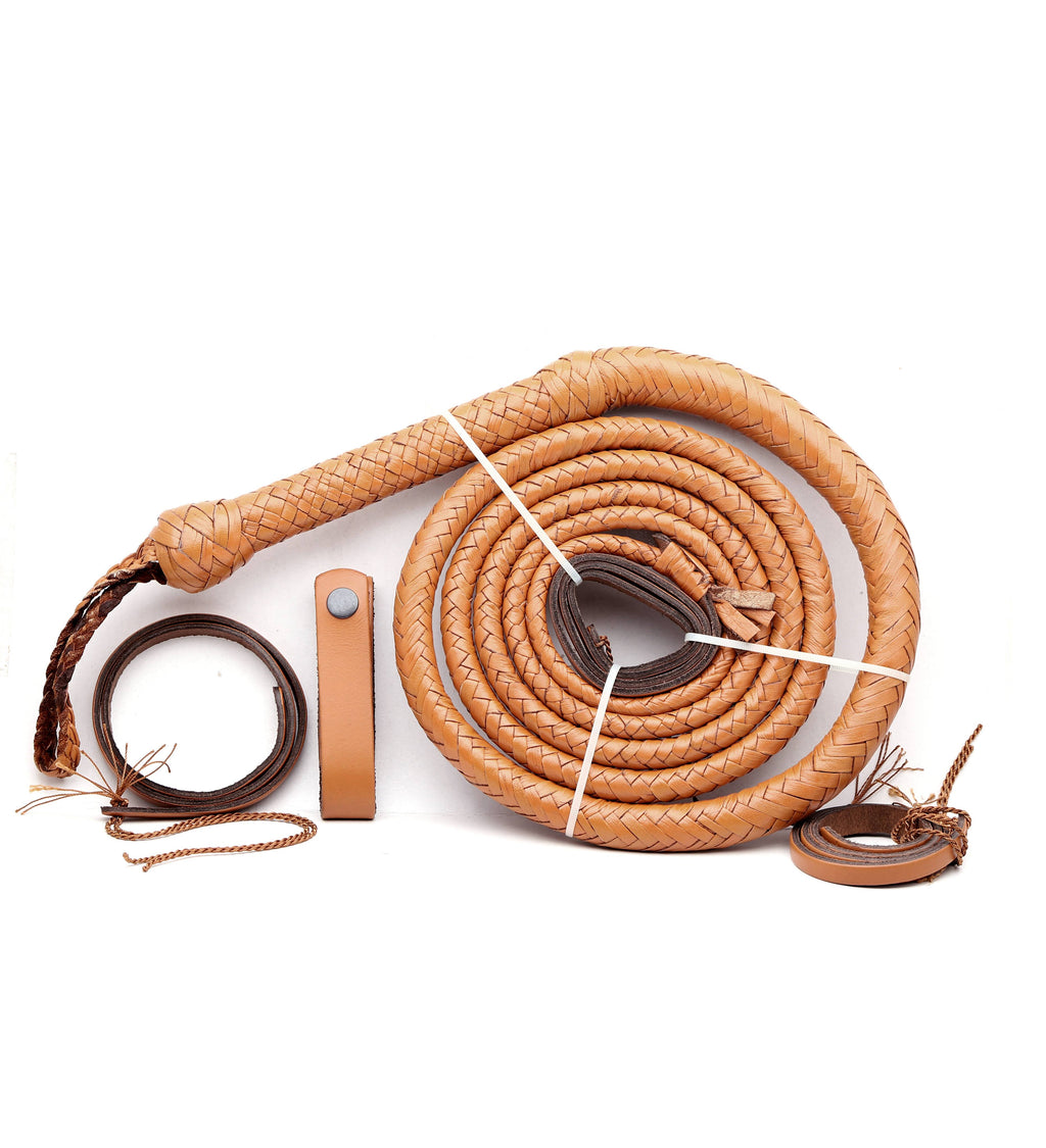 Handmade Tan Leather Bull Whip – 16-Plait Braided Whip for Whipcracking