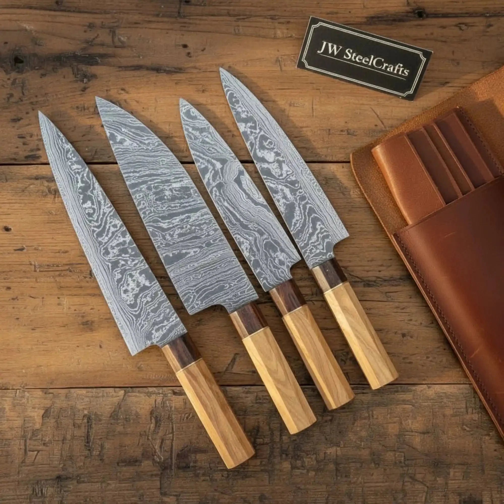 Outdoor Cooking Knife Set – 4 Damascus Blades with Wooden Handles, Lanyard Pommel & Leather Wrap