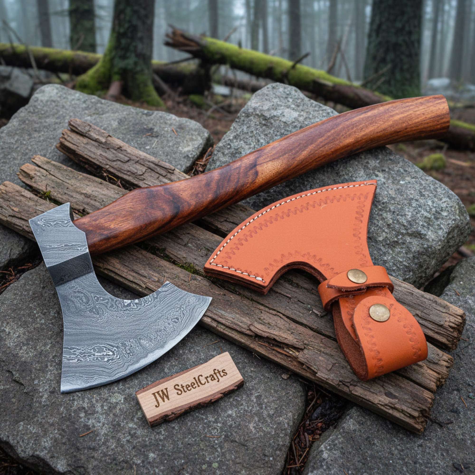 Pattern-Welded Damascus Viking Bearded Axe with Curved Rosewood Handle
