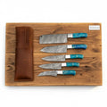 Premium 5-Piece Kitchen Knife Set — Pattern-Welded Damascus, Full Tang, Steel Bolster, Blue Resin Handles + Leather Kit