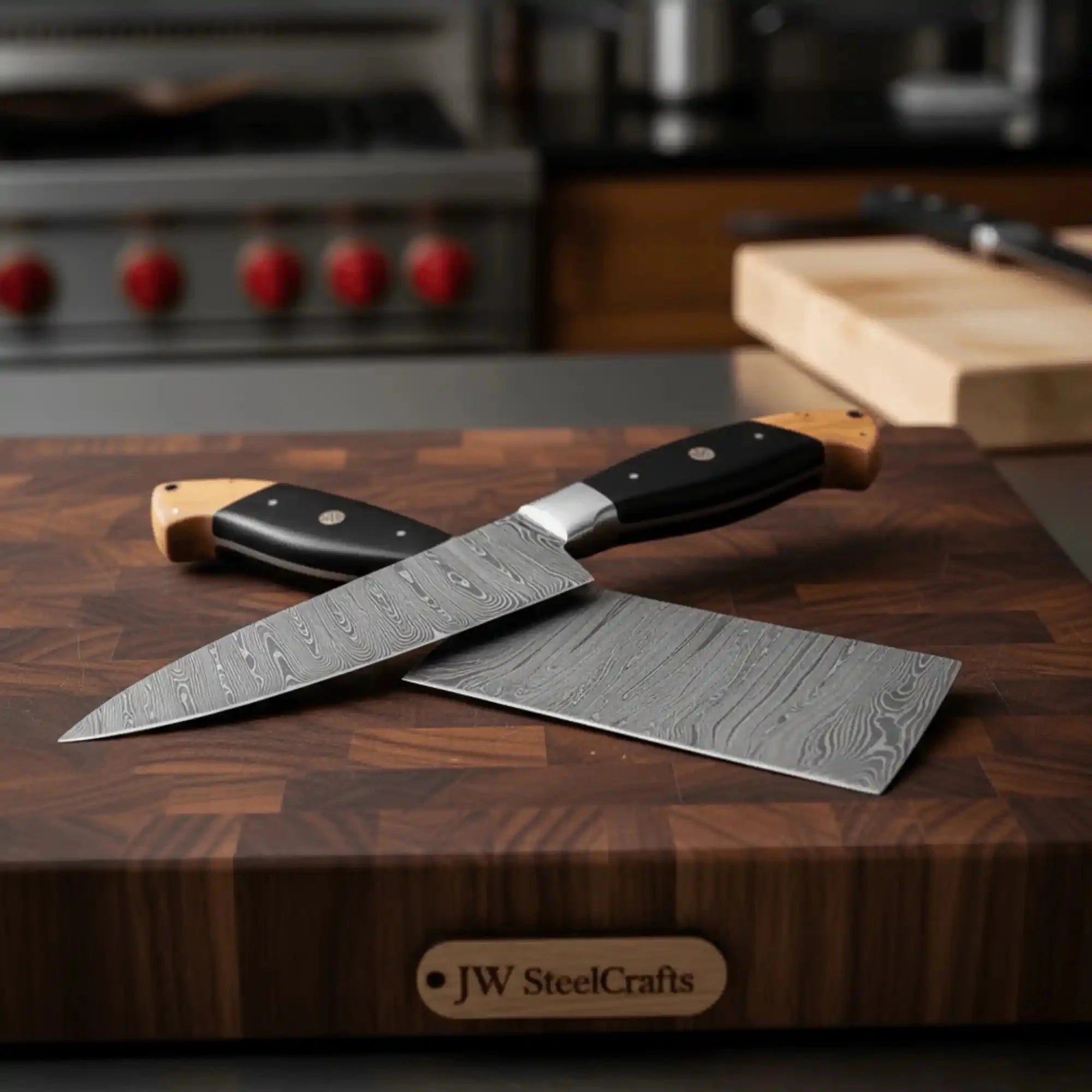 Premium Damascus Cleaver and Santoku Set — Olive Wood, Black Resin, Full Tang