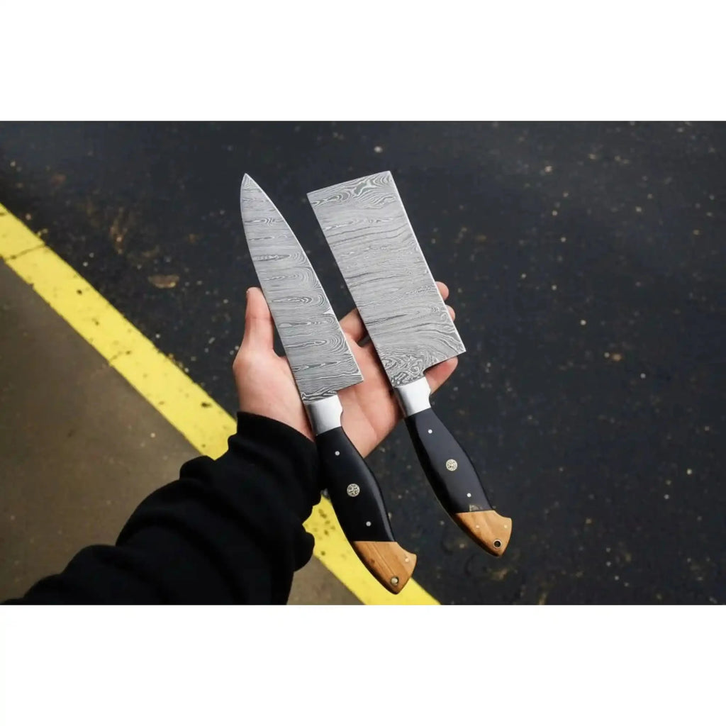 Premium Damascus Cleaver and Santoku Set — Olive Wood, Black Resin, Full Tang