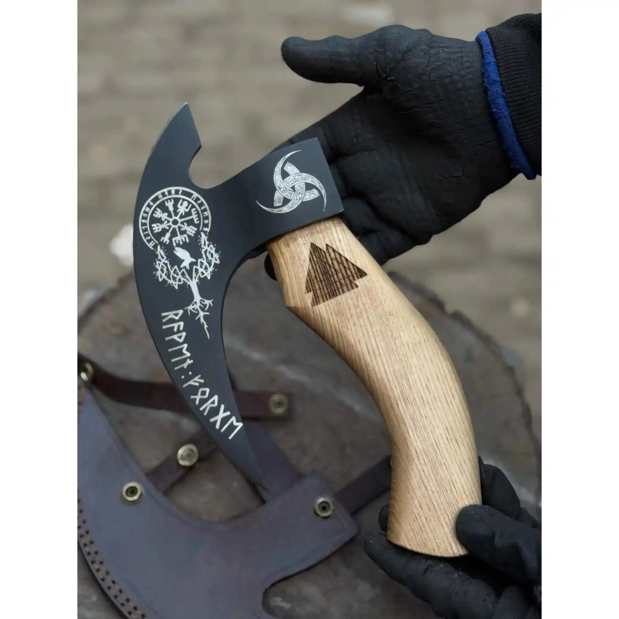 Product: Viking Style Engraved Bearded Axe – Oak Wood Handle