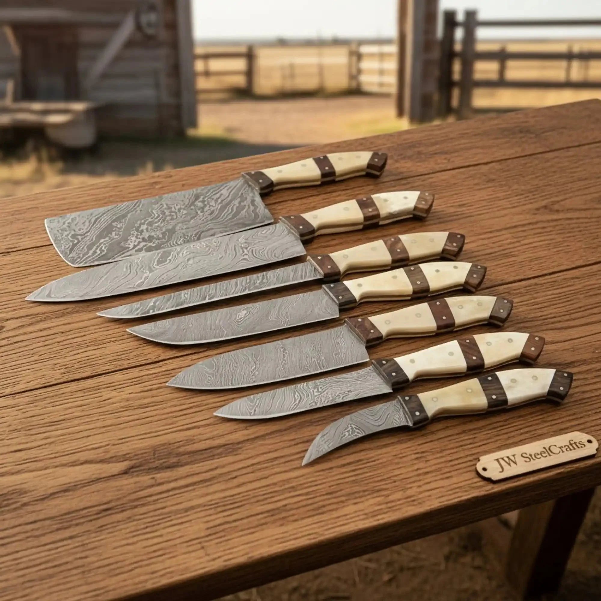 Professional Damascus Knife Set Cleaver Gyuto Santoku Bunka Utility Paring JW SteelCrafts
