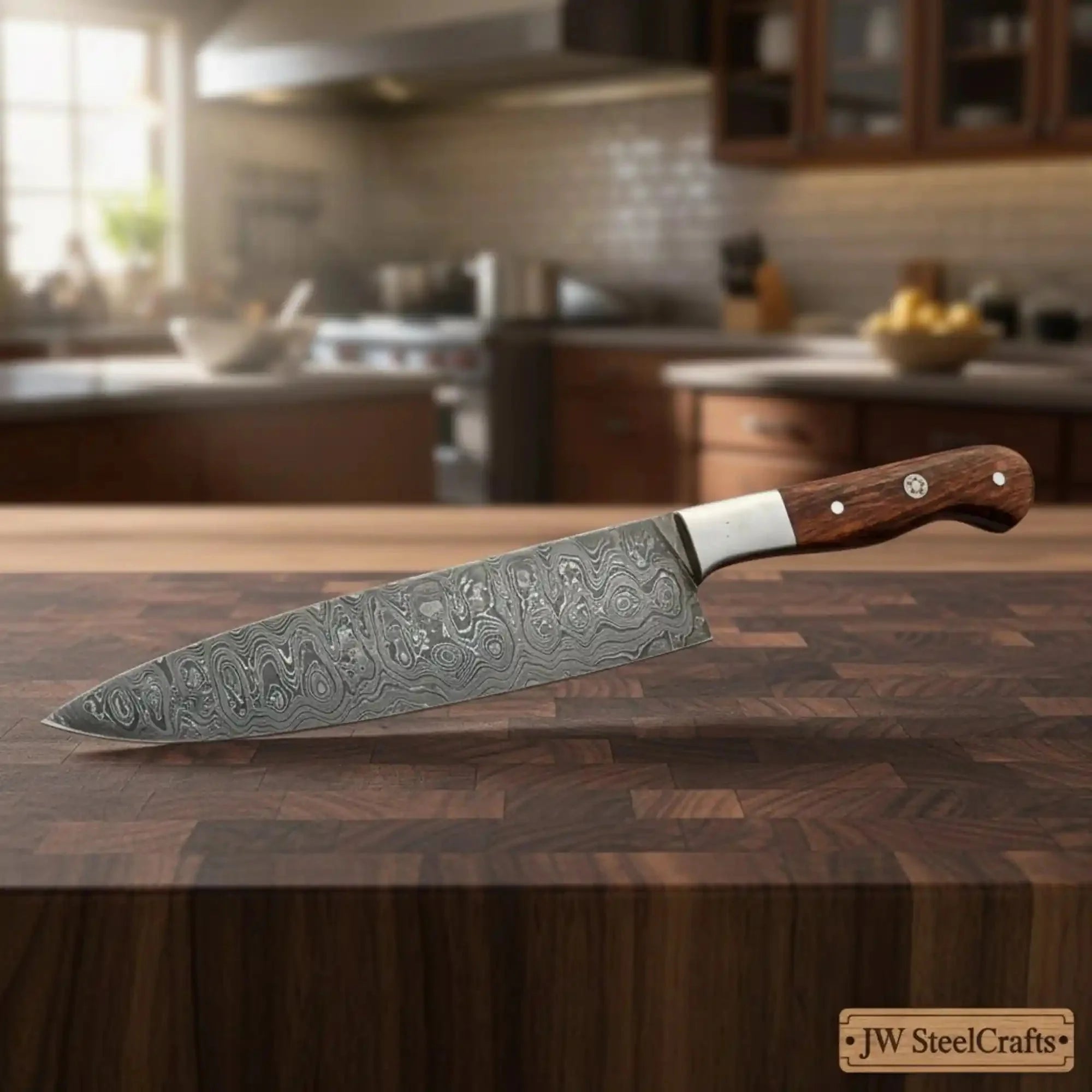 Raindrop Damascus 8 Inch Kiritsuke Kitchen Knife Rosewood and Steel Bolster