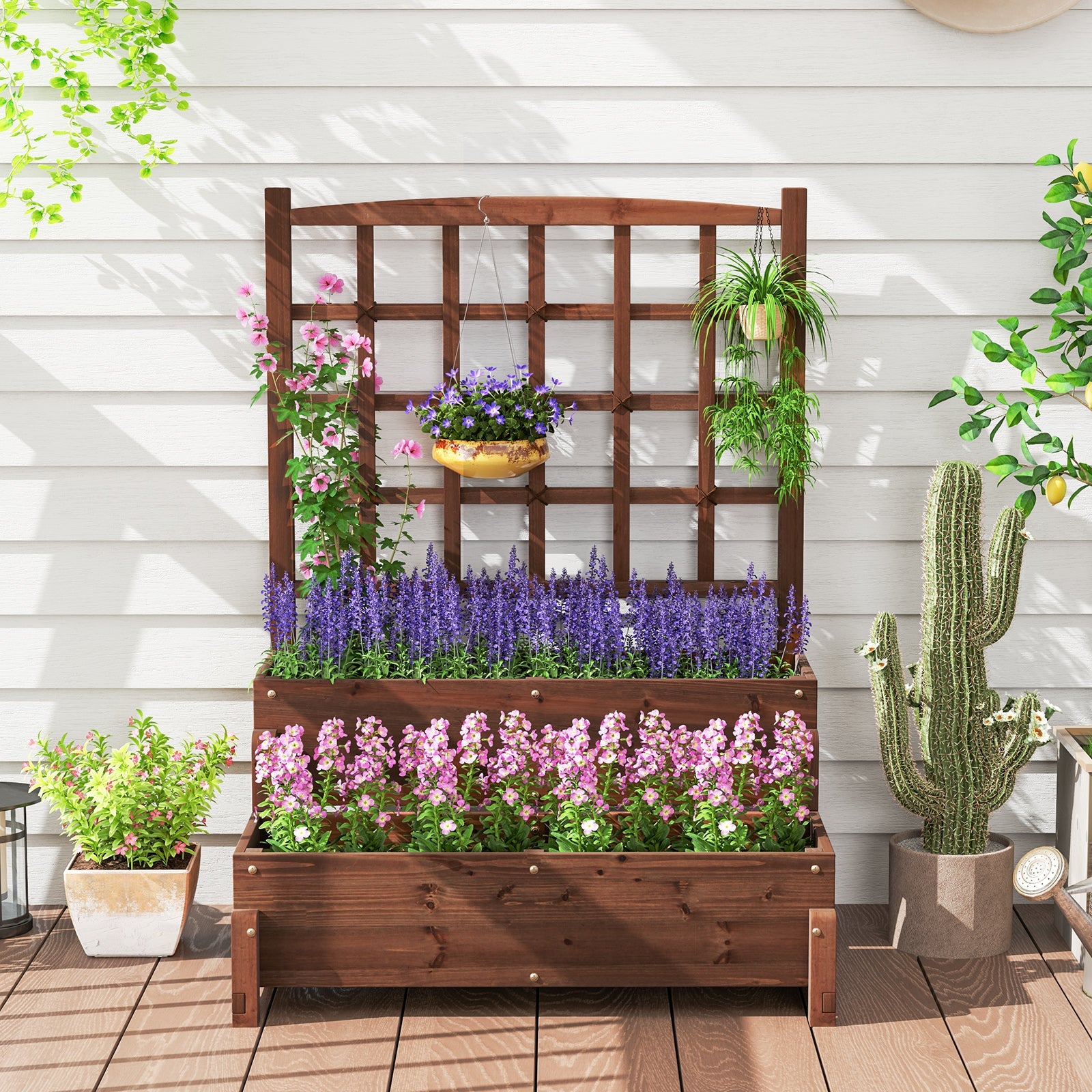 Raised Garden Bed with Trellis 2-tier Wood Planter Box with Drainage Holes-Rustic Brown