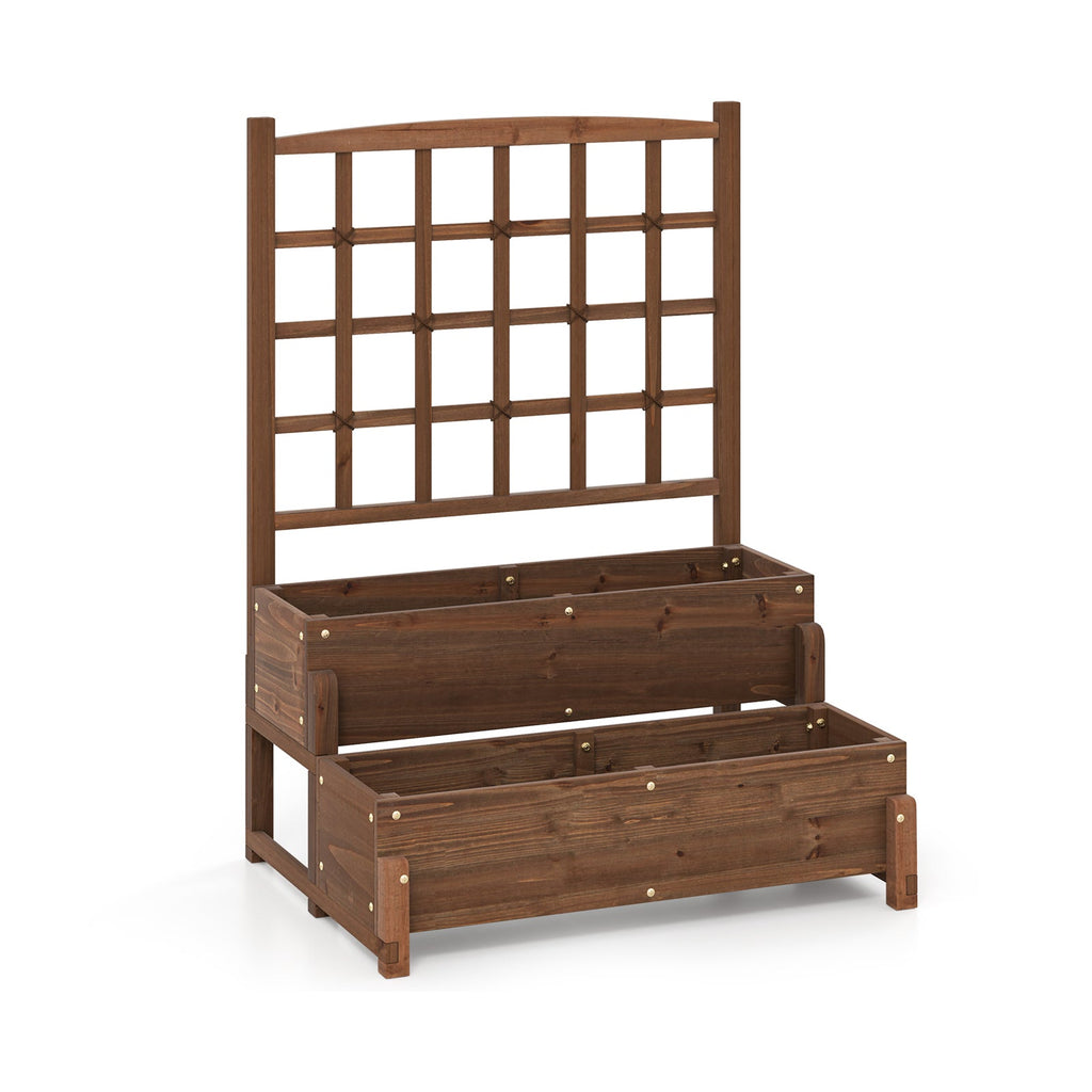 Raised Garden Bed with Trellis 2-tier Wood Planter Box with Drainage Holes-Rustic Brown