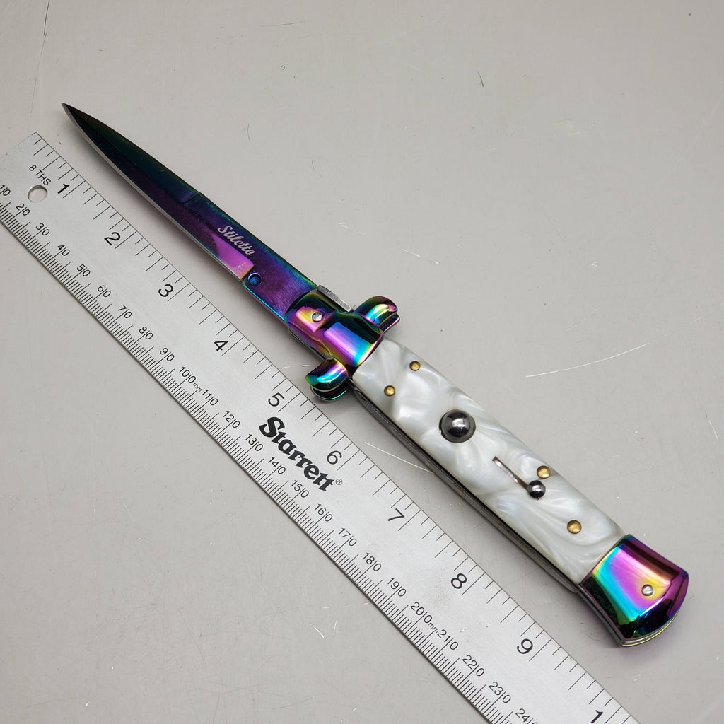 ZA@ ARMED FORCE TACTICAL Hand Crafted OTF Pocket Knife 9" Knife 4" Blade White/Rainbow ST-7RWP