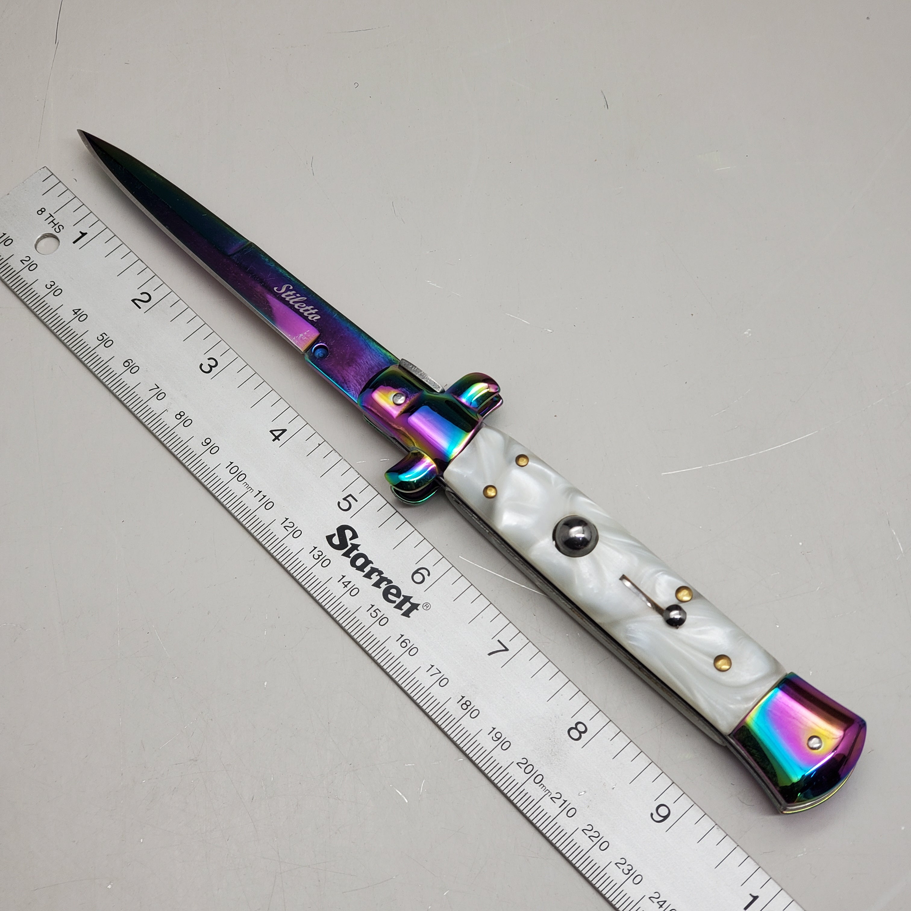ZA@ ARMED FORCE TACTICAL Hand Crafted OTF Pocket Knife 9" Knife 4" Blade White/Rainbow ST-7RWP