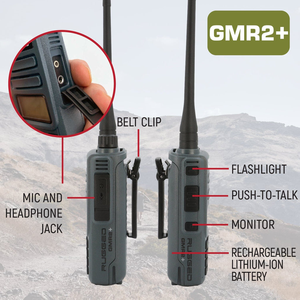 Rugged Radios ADVENTURE PACK - 2 PACK - GMR2 PLUS GMRS and FRS Two Way Handheld Radios with XL Batteries and Long Range Antennas - Grey