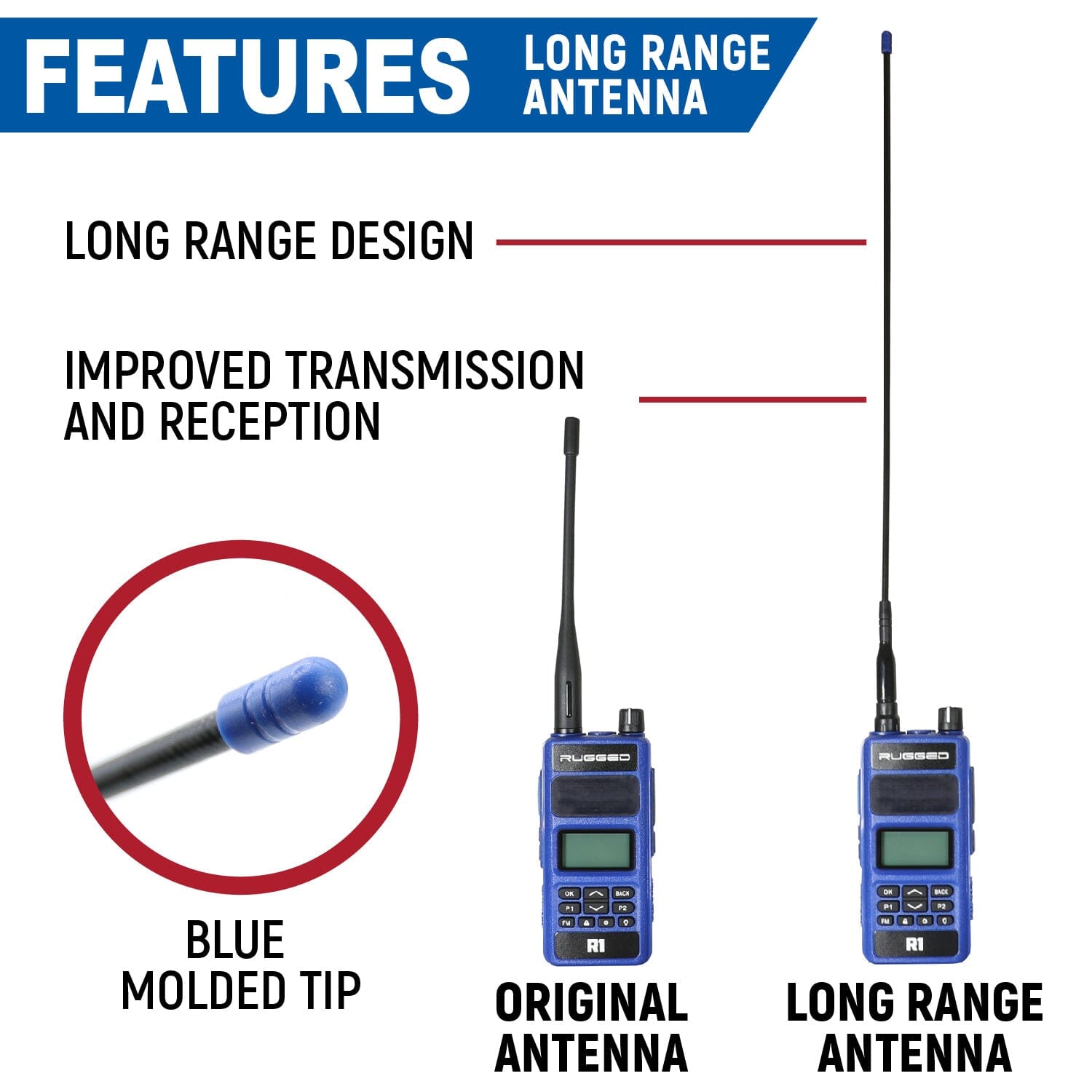 Rugged Radios BUNDLE - R1 Handheld Radio with Long Range Antenna and High Capacity Battery