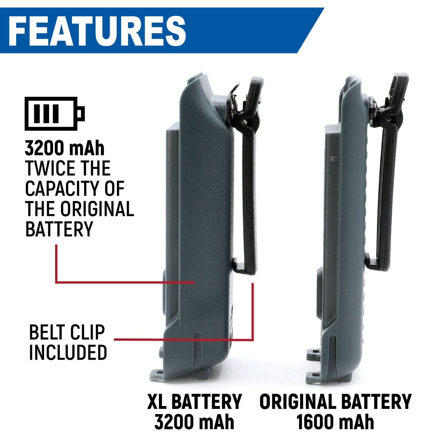 Rugged Radios GMR2 and GMR2 PLUS Handheld Long-Lasting XL Battery with USB Charging Port
