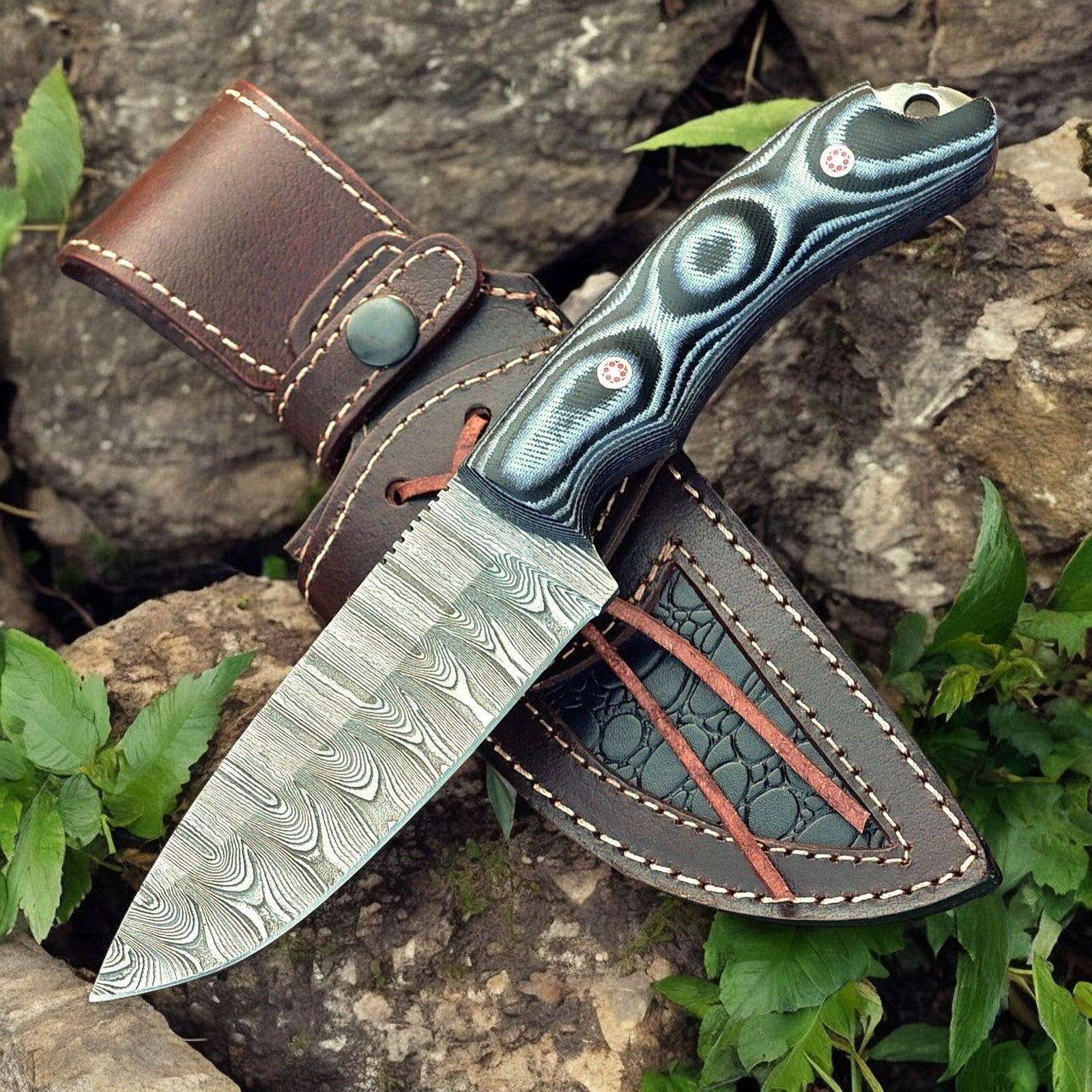 Custom Handmade Damascus Hunting Knife – 9" with Micarta Handle
