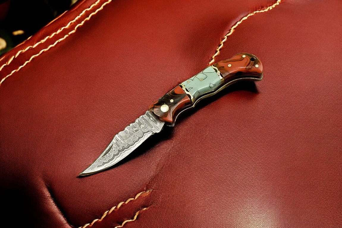 Custom Handmade Damascus Pocket Knife – Epoxy Resin Handle