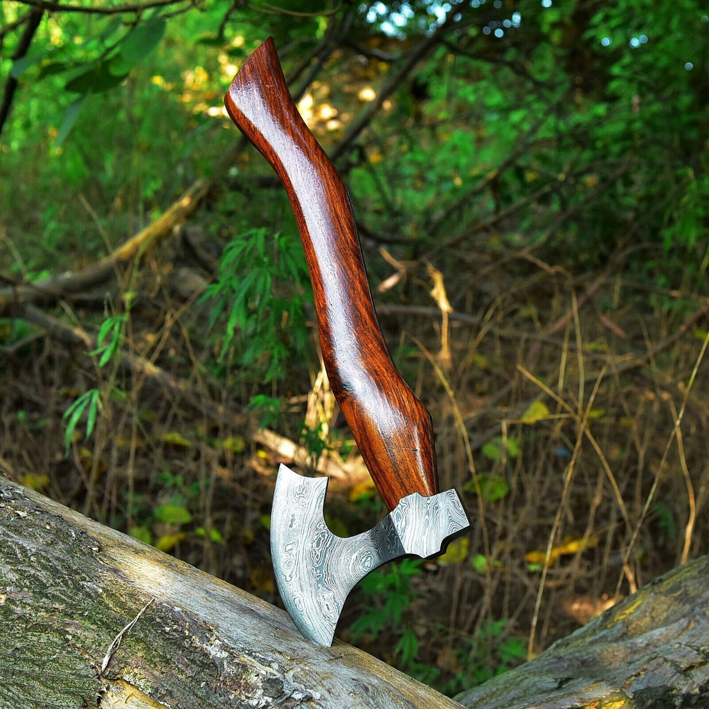 Custom Handmade Damascus Steel Tomahawk Axe with Rosewood Handle - 17 Inches by KBS Knives Store