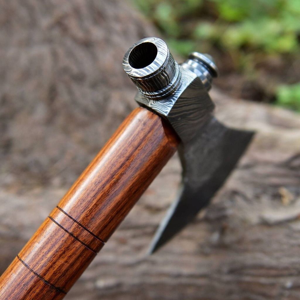 Native American Smoking Tomahawk with Custom Handmade Forged Damascus Steel Blade – "Spirit of the Pipe"