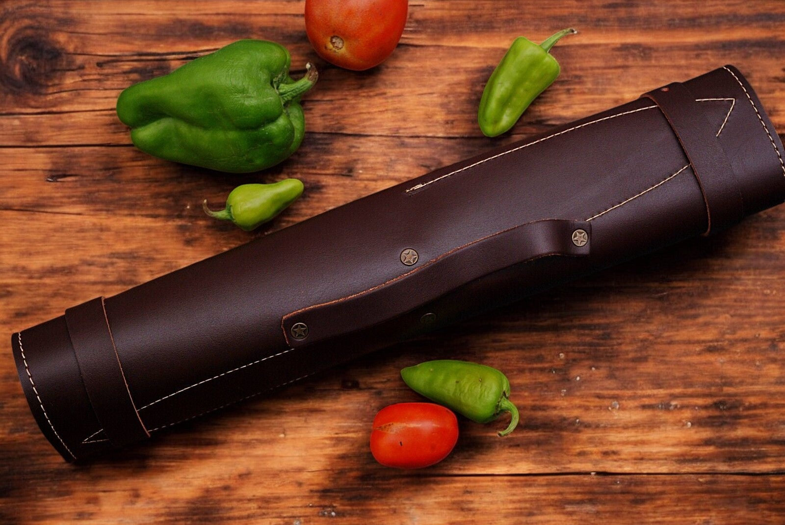 Handmade Damascus Kitchen Knives Set with Leather Roll