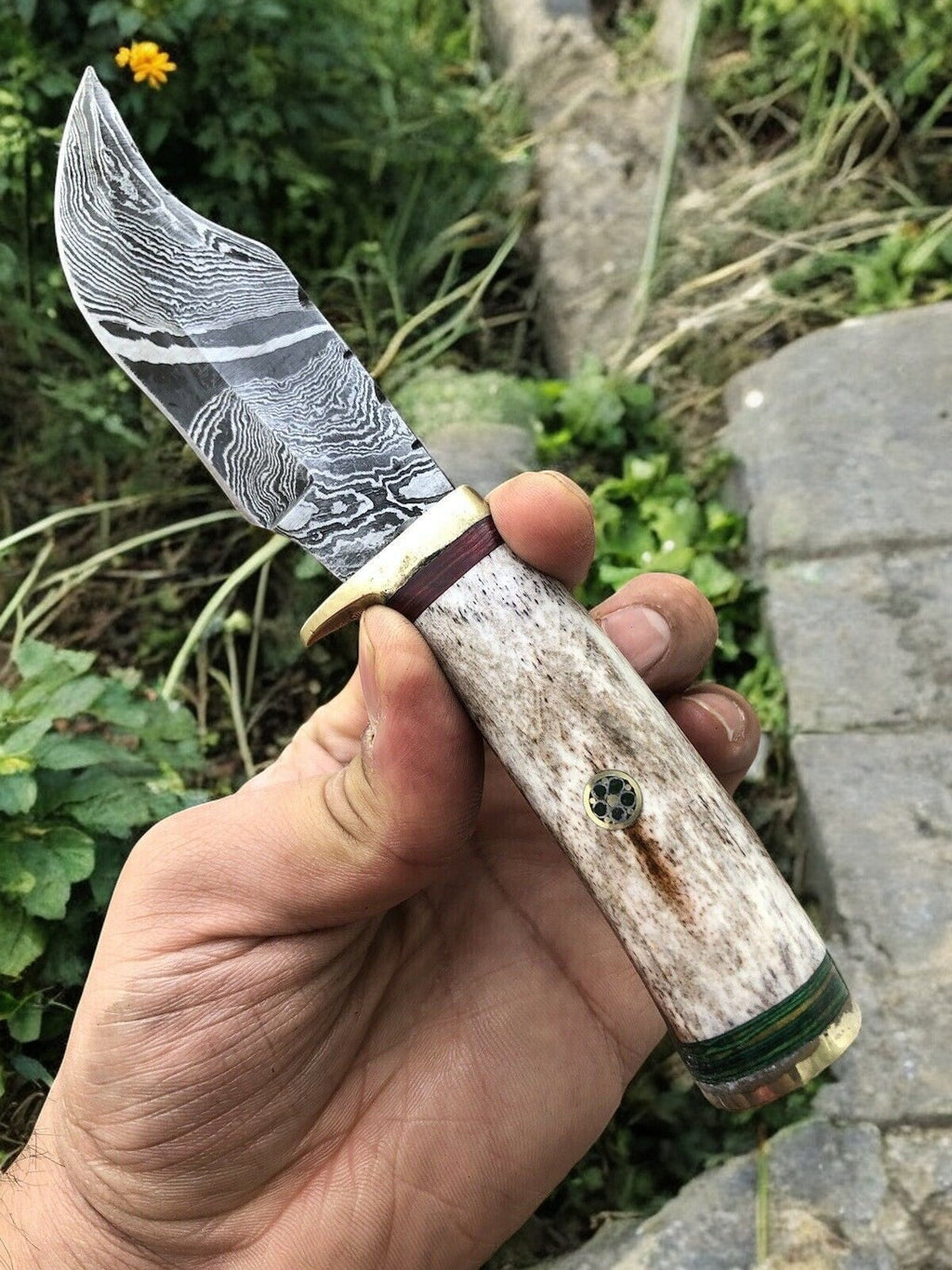 Custom Handmade Damascus Hunting Knife – 7.5” with Bone Handle