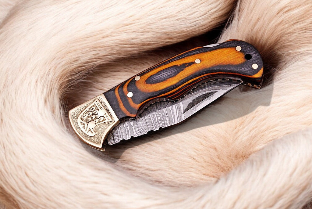 Custom Handmade Damascus Pocket Knife with Exotic Wood Handle